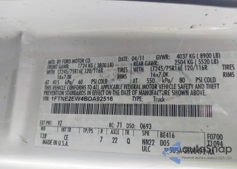 2011 Ford E-250 Commercial from USA, damaged, VIN 1FTNE2EW4BDA92516